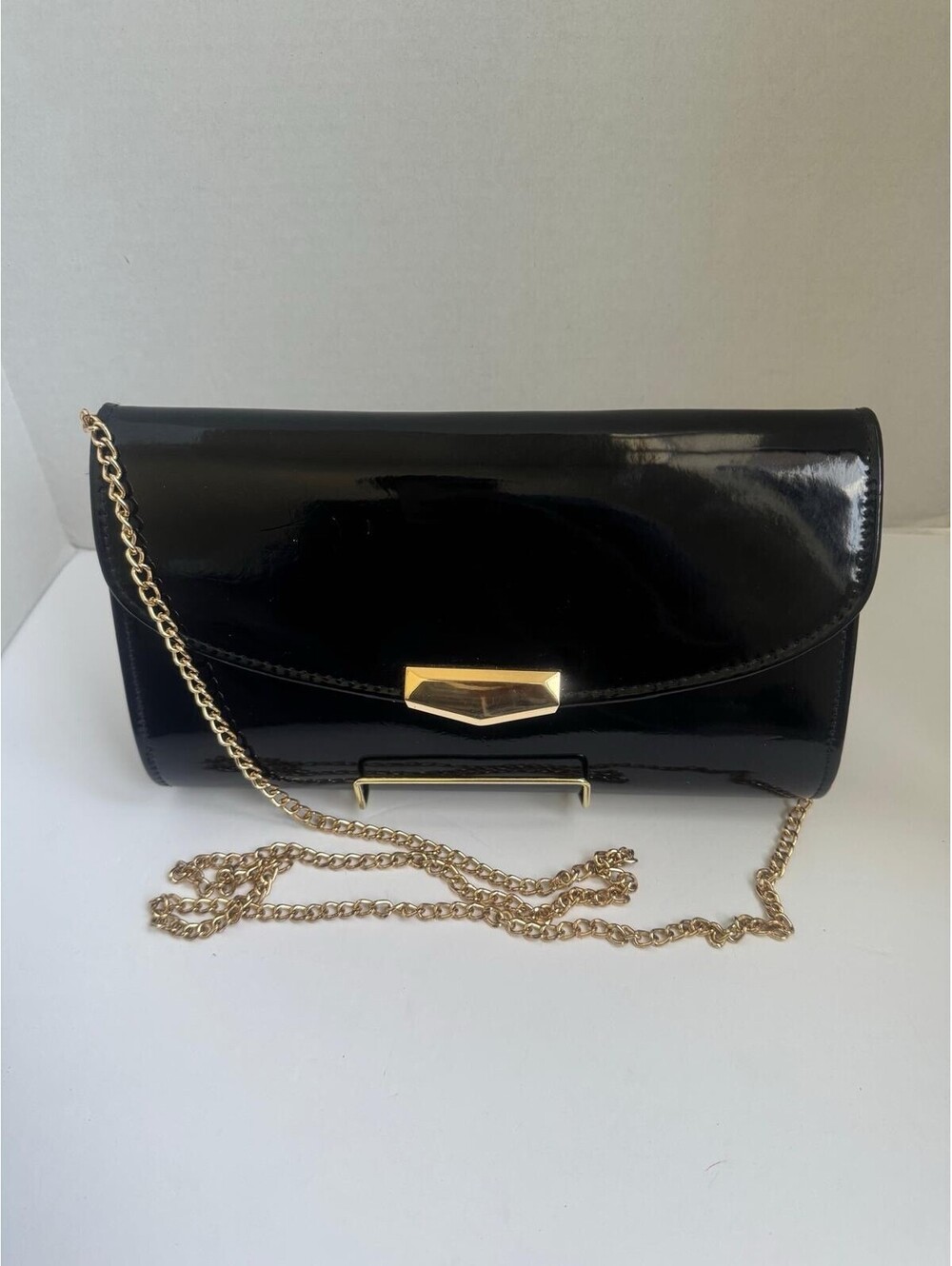 Glossy Black Faux Patent Leather Evening Clutch — Gold Chevron Clasp